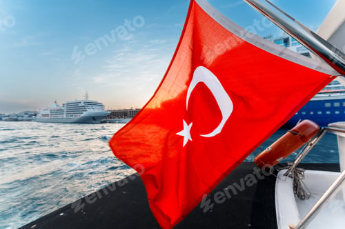Preview: Turkish flag waving on a boat in Istanbul, Turkey