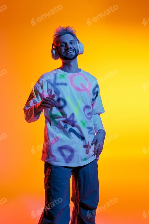 Preview: Vibrant expression from a young man in a colorful setting during a lively evening