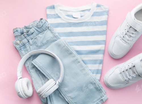 Preview: Child's t-shirt, shoes and headphones on blue backgrund