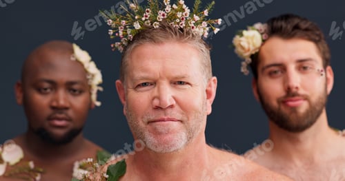 Preview: Beauty, aesthetic and portrait of men with flowers in studio for cosmetics, wellness and spa. Creat