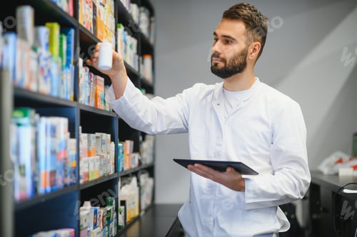 Preview: Pharmacist checking medicine stock in busy pharmacy