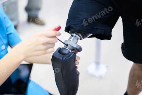 Preview: Female physiotherapist adjusting prosthetic leg of patient in hospital