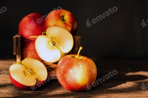 Preview: Apples whole and cut in halves on wooden surface