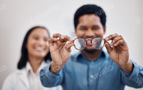 Preview: Medical, eye care and vision with black man and glasses for you for decision, retail and optometry.