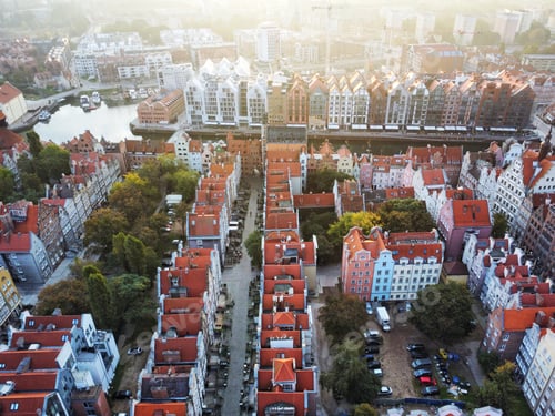 Preview: Old Town in Gdańsk in the morning - drone shot