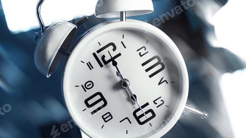Preview: White alarm clock on blue color background. It's six o'clock.
