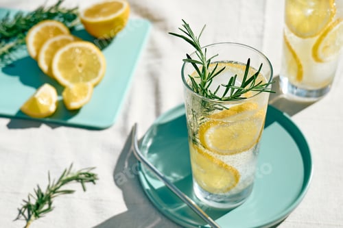 Preview: Summer refreshing lemonade drink or alcoholic cocktail with ice, rosemary and lemon
