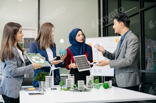 Preview: business team people planning and discussing on recycle reduce reuse policy symbol in office