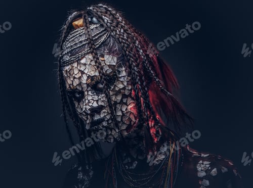 Preview: Close-up portrait of a witch from the indigenous African tribe, wearing traditional costume