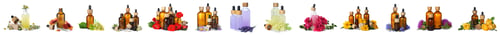 Preview: Set with different natural essential oils and flowers on white background. Banner design