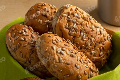 Preview: Fresh baked sunflower seed buns close up