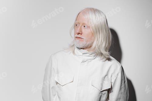 Preview: Portrait of a thoughtful elderly man with long white hair dressed in a white outfit against a light