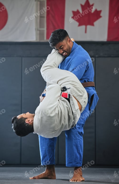 Preview: Mma, training and fighting with a student and teacher exercising during a self defense workout in a