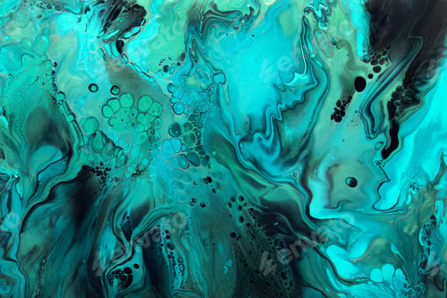 Preview: Fluid Art. Green and blue abstract wave swirls on black background. Marble effect background