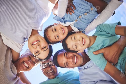 Preview: Happy big family, portrait and holiday together below for weekend vacation or travel in unity outdo
