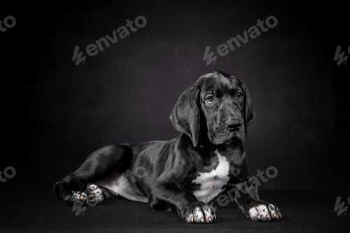 Preview: Portrait of a great dane puppy on black background