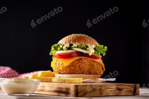 Preview: Crispy chicken burger with cheese and french fries