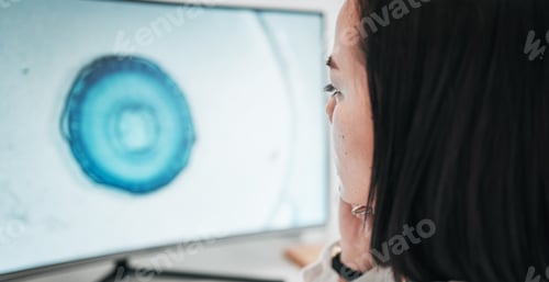 Preview: Computer, screen and woman in laboratory for website, innovation and medical research. Healthcare p