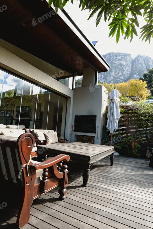 Preview: View of nice luxury terrace and garden of comfortable modern home