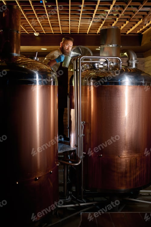Preview: Mature man inspector checking craft beer at brewery