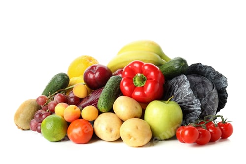 Preview: Different vegetables and fruits isolated on white background