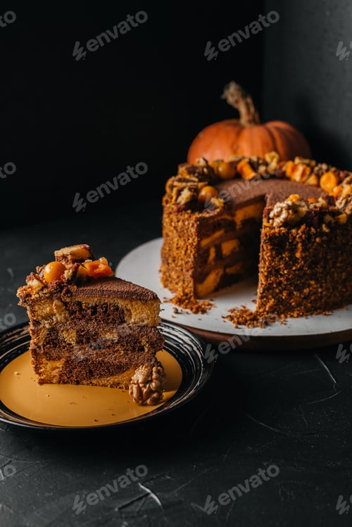 Preview: Piece of homemade cake with white cream on a gray background. Festive dessert concept.