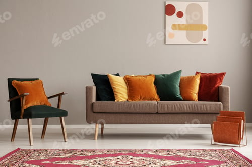 Preview: Rustic carpet on the floor of fashionable retro living room inte