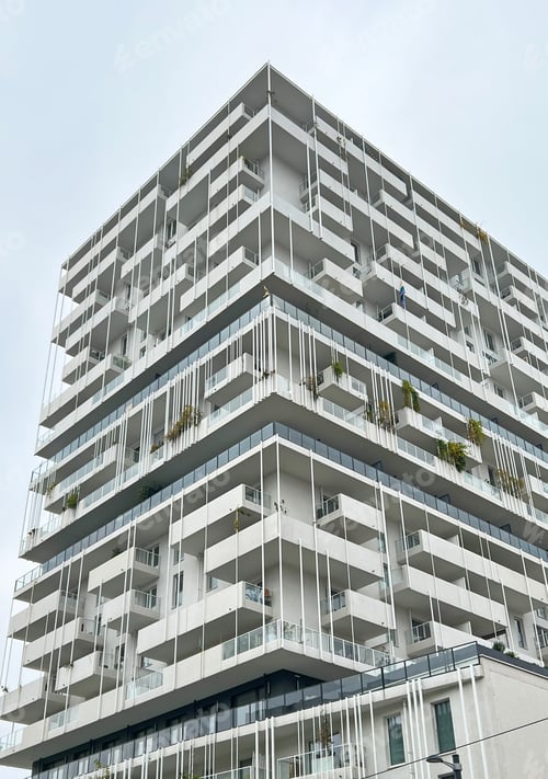 Preview: Exterior of modern white house object. Architectural detail of on the windows and balconies.