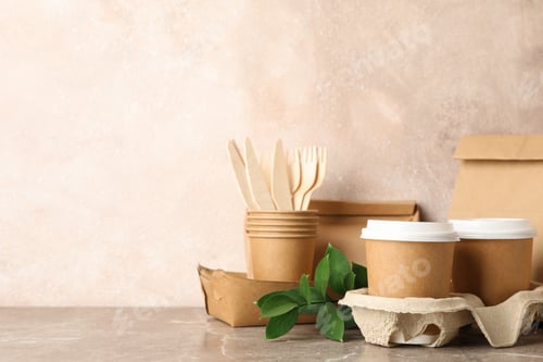 Preview: Eco - friendly tableware and paper bag on grey table, space for text