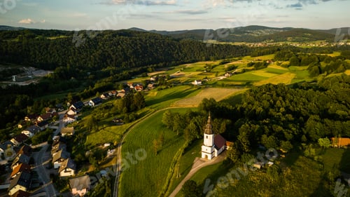 Preview: Zuzemberk Castle and medieval village on the river Krka in Slovenia. Aerial drone view