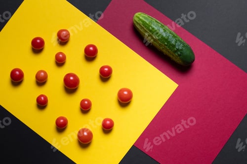 Preview: Creative of colorful tomato and cucumber, Creative foods. Black and yellow background for design