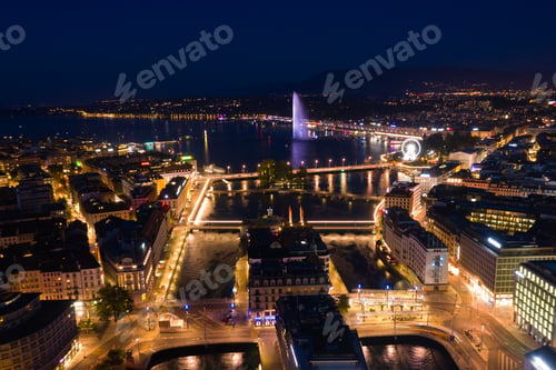 Preview: Aerial night view of Geneva city water fountain in Switzerland