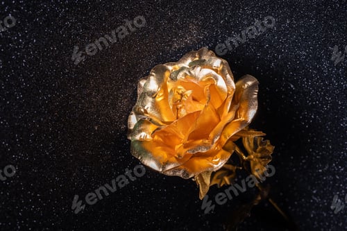 Preview: Beautiful metal handmade golden rose flower on a black background with shiny bokeh