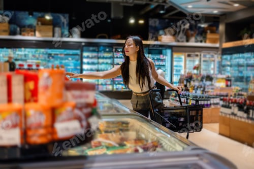 Preview: Customer selecting groceries in supermarket, shopping for refrigerated food in grocery store