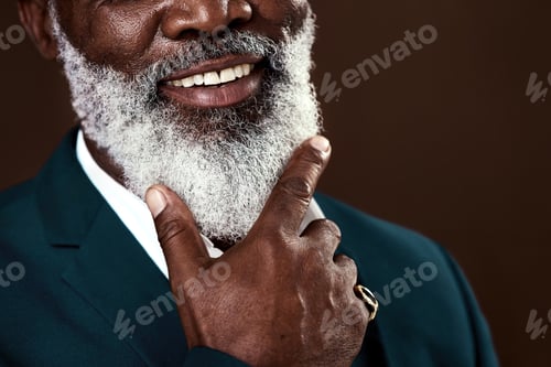 Preview: Cropped shot of a man with grey beard posing against a brown background