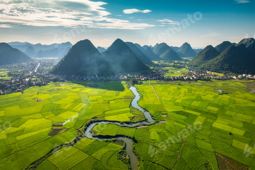 Preview: Beautiful Bac Son Valley with lush rice field, mountain range, winding river and rural village