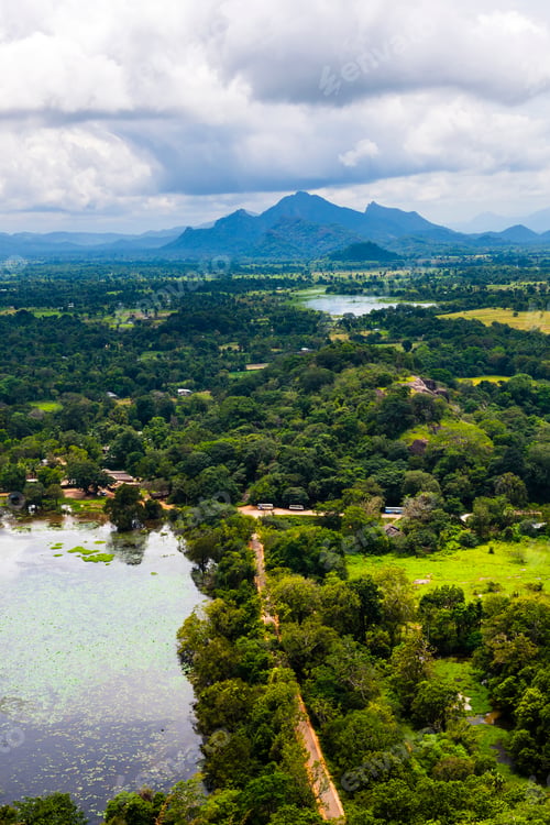 Preview: View of moat and mountains, seen from the top of Sigiriya Rock Fortress, aka Lion Rock, Sri Lanka, A