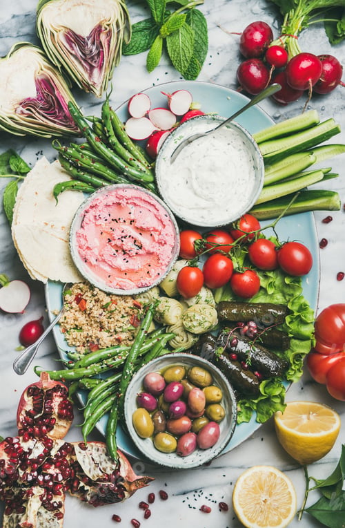 Preview: Healthy vegan snack and dip set over marble table background
