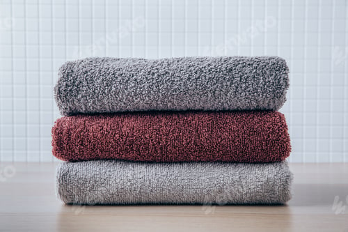 Preview: Towels. Clean fresh fluffy towels on table in bathroom
