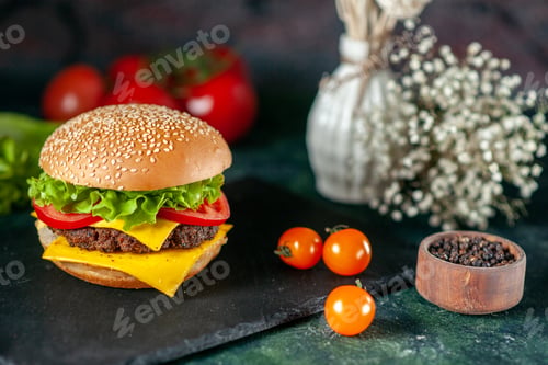 Preview: front view delicious meat hamburger with red tomatoes on dark background color fast-food french