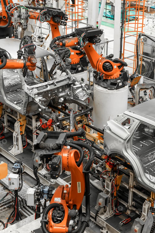 Preview: Vertical photo of automobile production line. Modern car assembly plant. Auto industry. Interior of