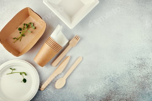Vista previa: Biodegradable disposable tableware. Paper plates, cups, boxes. Wooden cutlery. Flat lay