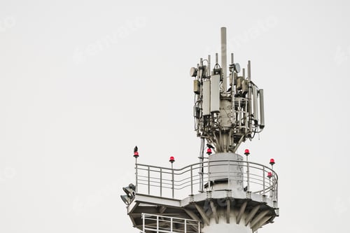 Preview: Top of metal tower with cellular antennas and observation deck