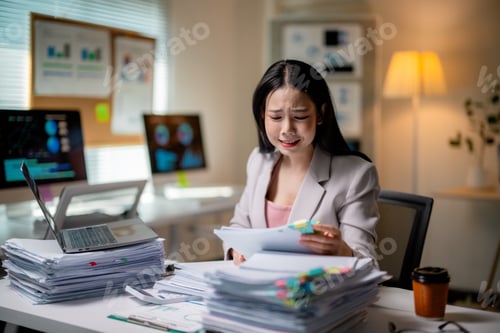 Preview: Exhausted Asian professional leaning on paperwork, overwhelmed by workplace pressure