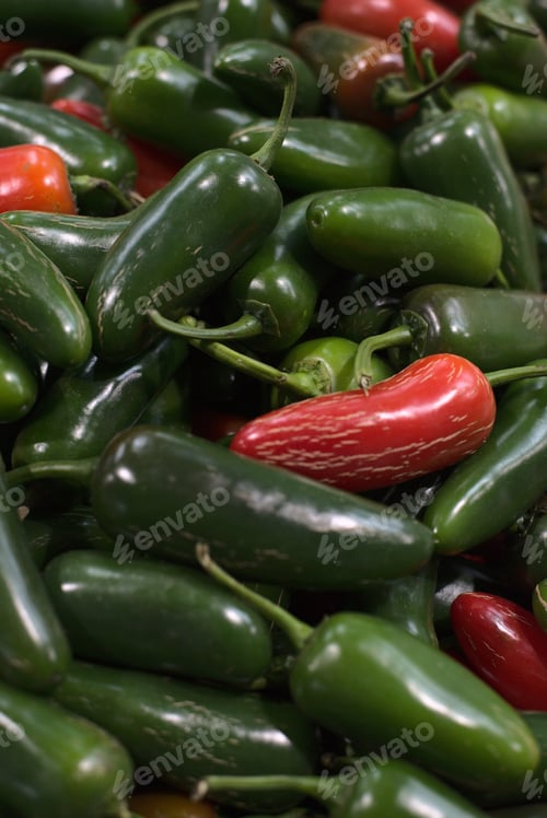 Preview: Closeup of fresh jalapenos on sale in a store
