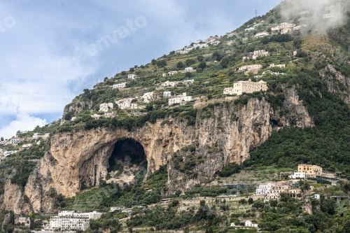 Preview: Scenic coastline of Almalfi Coast Italy with settlement on hills and cliffs