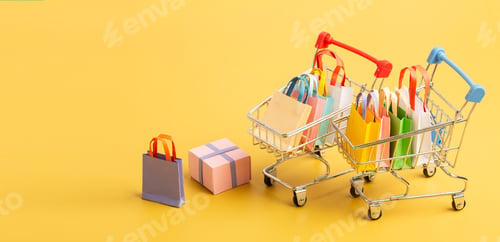 Preview: Trolley cart with colorful paper bags shopping, sale, supermarket, discount, summer promotion