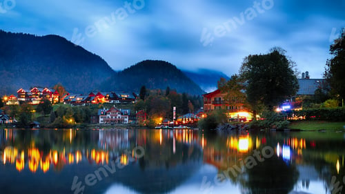 Preview: Grundlsee lake in Alps mountains. Night scene