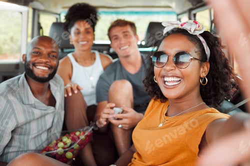 Preview: Selfie, smile and friends on a road trip in car for travel adventure together. Portrait of happy, e