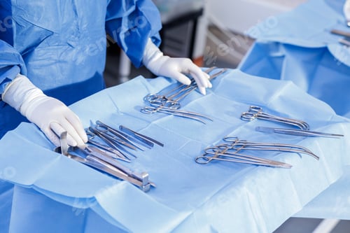 Preview: Sterile field with arranged surgical instruments and gloved hands in the operating room